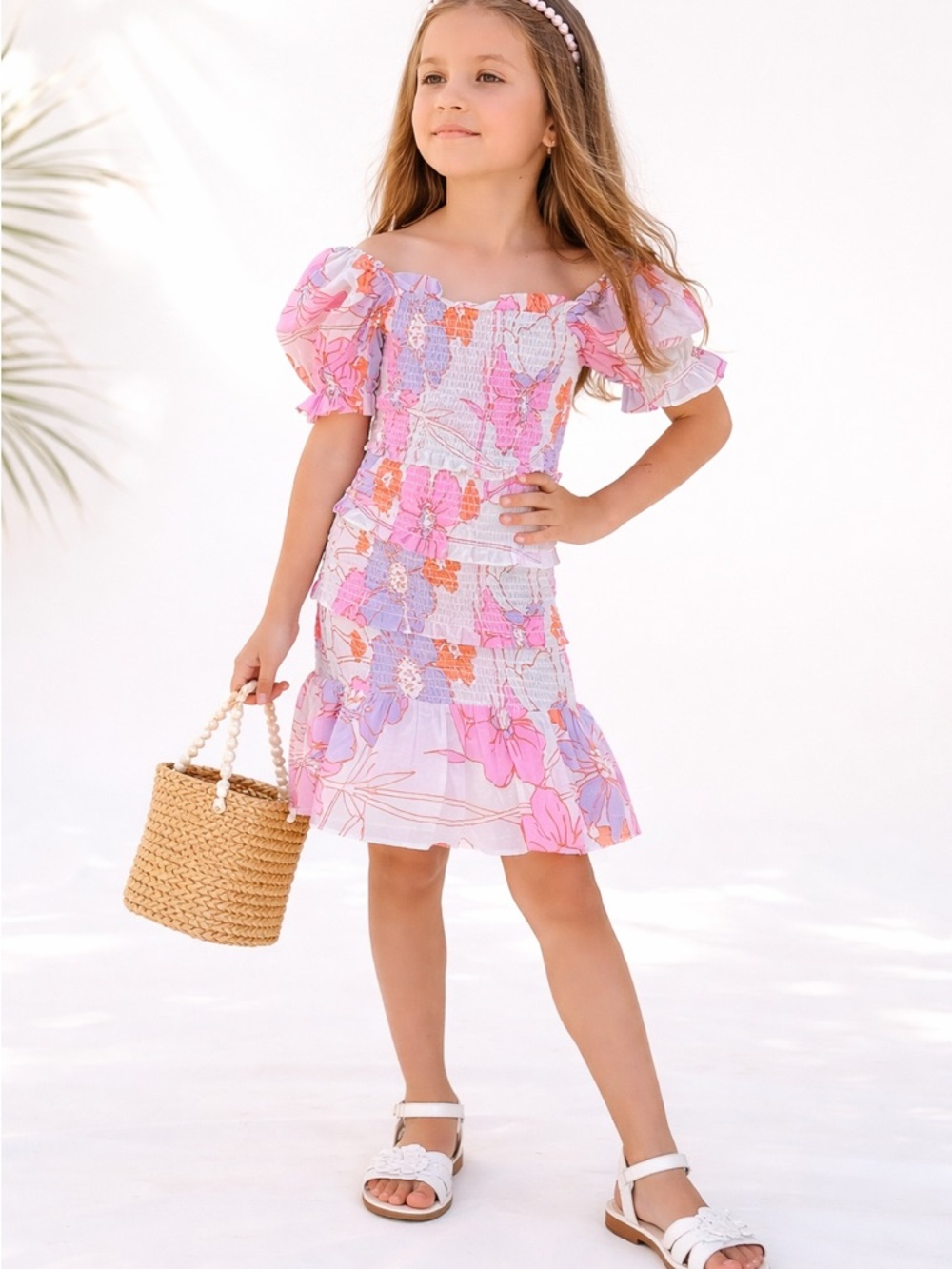 J.Marie Girls Mollie Dress Kids Floral Puff Sleeve Pink Size 7/8 NWT